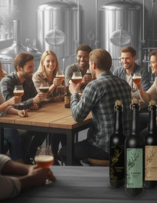 Groupe d'amis trinquant avec des bières artisanales Gwir, Guérande et Galway à la brasserie.