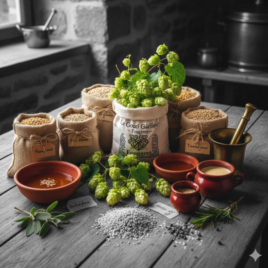 Ingrédients naturels de la bière : houblon frais, malt et aromates à la brasserie de Fougères.